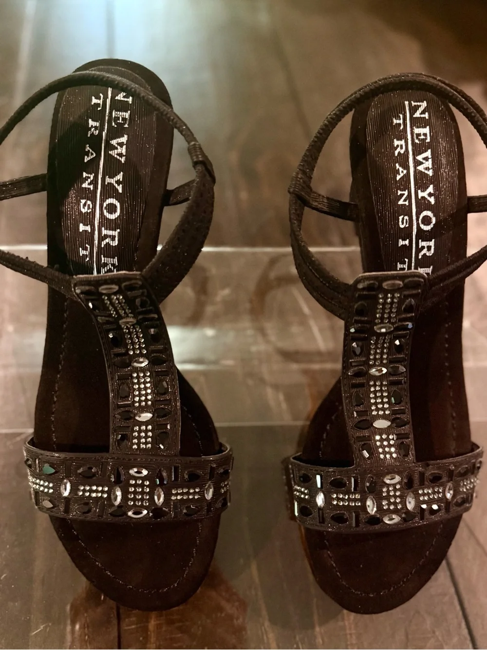 New York Transit Black Embellished Wedge Sandals